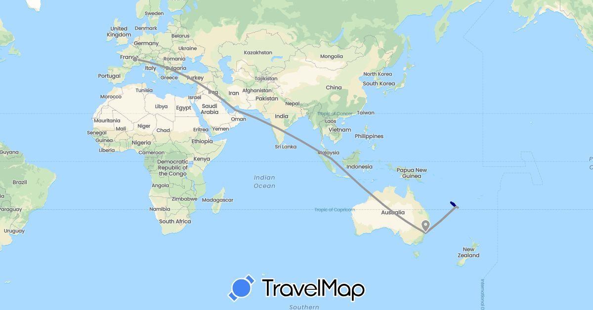 TravelMap itinerary: driving, plane in United Arab Emirates, Australia, France, New Caledonia (Asia, Europe, Oceania)